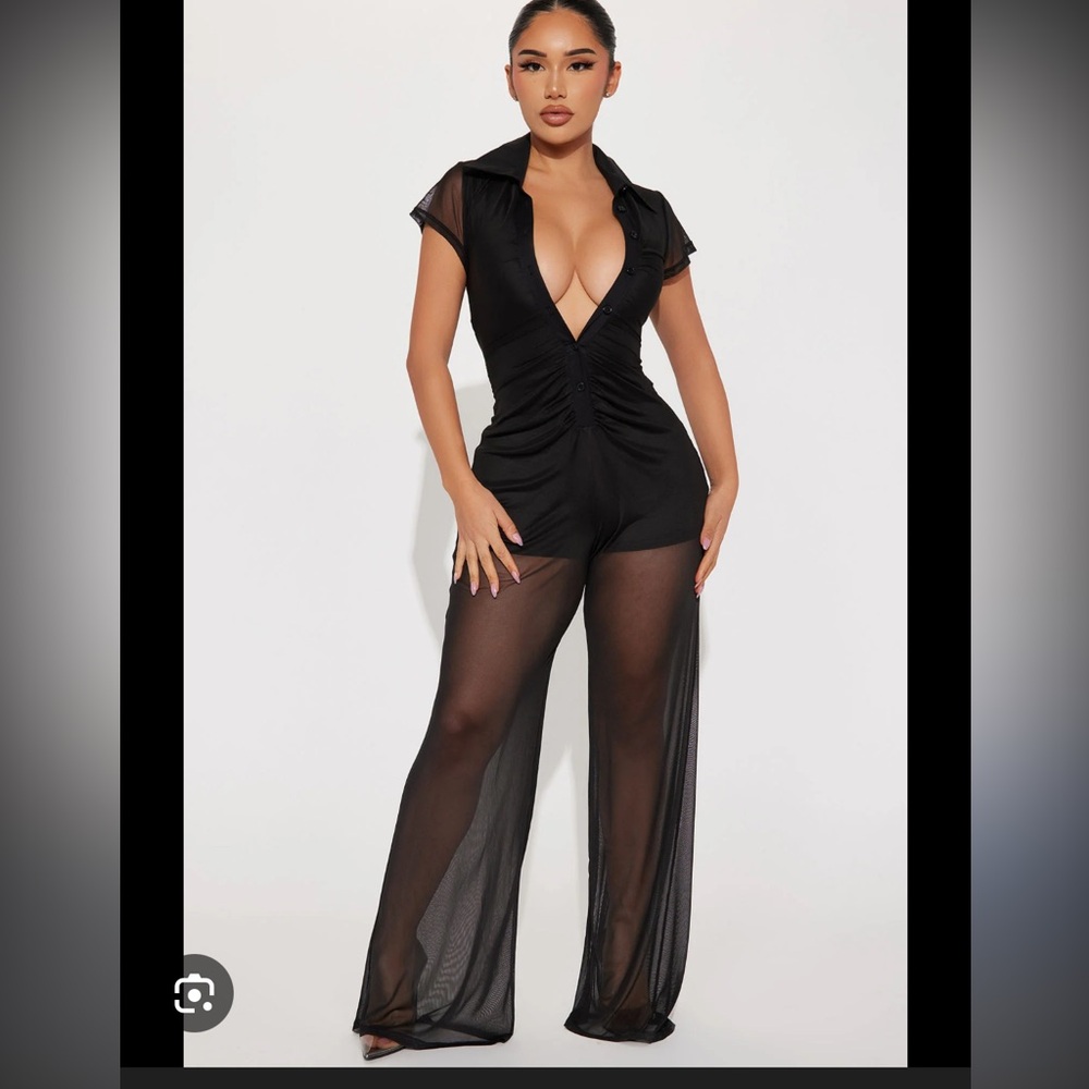 Elegant Black Maxi Pant Romper with sheer sleeves and legs.